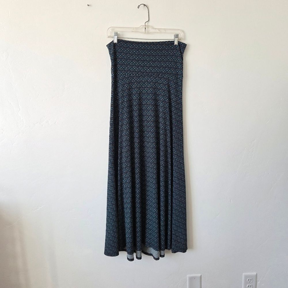 Lularoe Maxi Skirt XS Foldover Waist Abstract Long Y2K Gypsy Hippie Comfy Blue